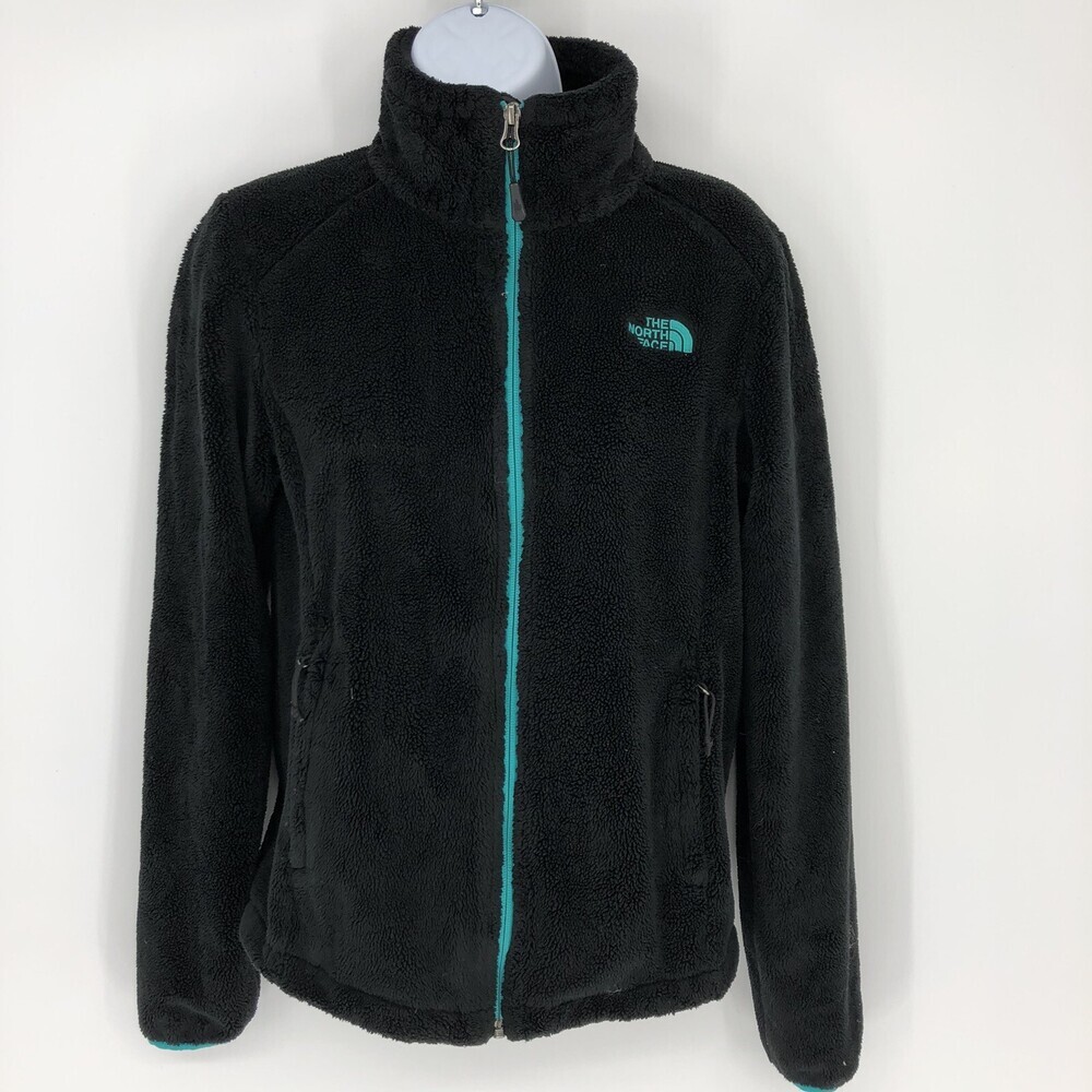The North Face Black Teal Logo Deep Pile Fleece Full Zip Jacket Women Size SMALL